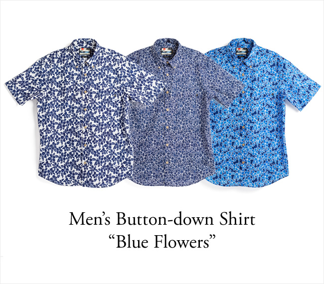 メンズアロハシャツ(ボタンダウン)/Blue Flowers