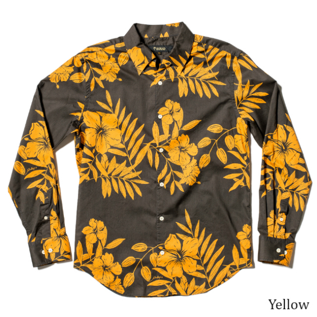 メンズ イタリアンカラー長袖シャツ/Noir Hibiscus