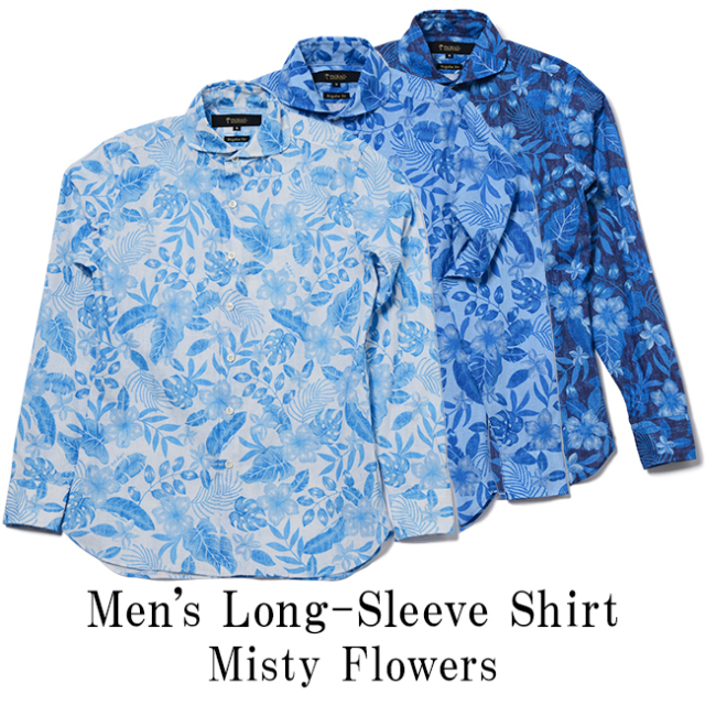 メンズ長袖ホリゾンタルカラーシャツ / Misty Flowers