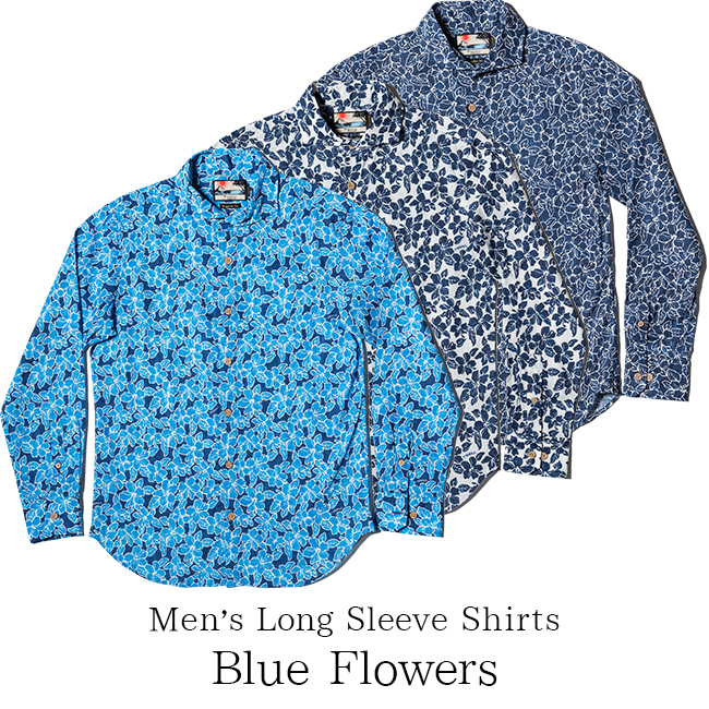 メンズ長袖シャツ/Blue Flowers