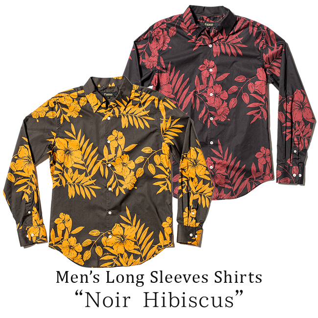 メンズ イタリアンカラー長袖シャツ/Noir Hibiscus