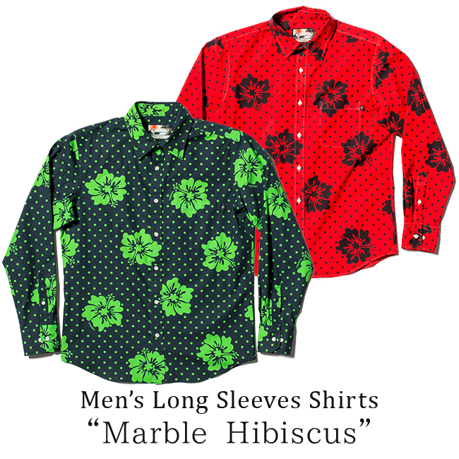 メンズ レギュラーカラー長袖シャツ/Marrble Hibiscus